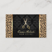 Modern Leopard Print Hair Stylist Gold Scissor Business Card (Front)