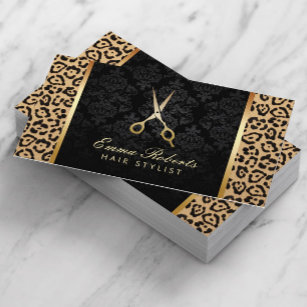 Modern Leopard Print Hair Stylist Gold Scissor Business Card
