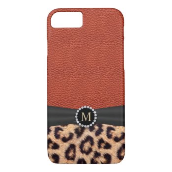 Modern Leopard Print Red Leather Monogram Iphone 8/7 Case by caseplus at Zazzle