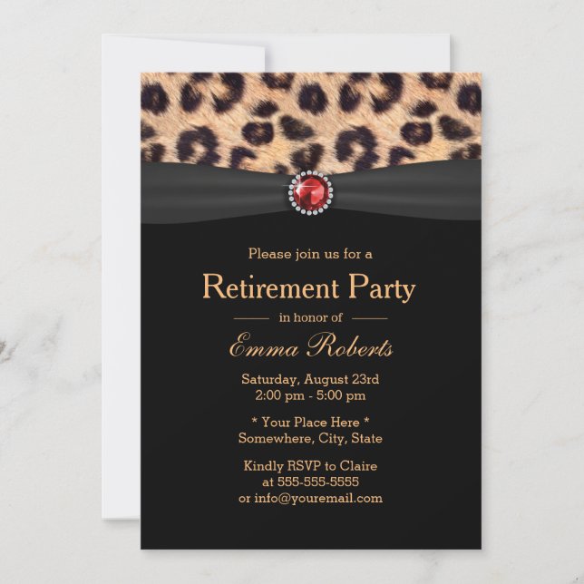 Modern Leopard Print & Ruby Gems Retirement Party Invitation (Front)
