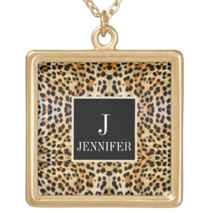 Modern Leopard Print with Custom Monogram Name Gold Plated Necklace