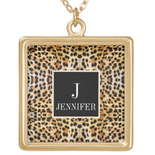Modern Leopard Print with Custom Monogram Name Gold Plated Necklace