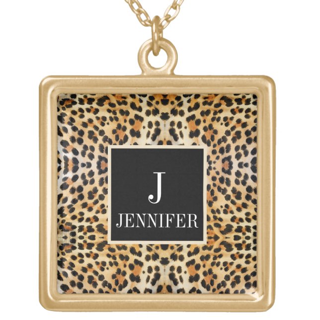 Modern Leopard Print with Custom Monogram Name Gold Plated Necklace (Front)