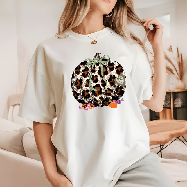 Modern Leopard Pumpkin Retro Cute Halloween Womens T-Shirt (Pumkin Halloween Shirt)