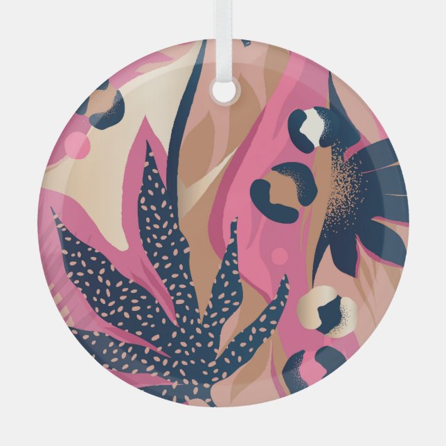 Modern Leopard Skin, Exotic Floral. Glass Ornament (Front)