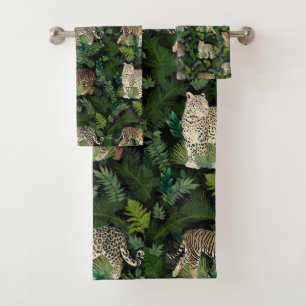 Modern Leopards Tigers Jungle Plants Black Design Bath Towel Set