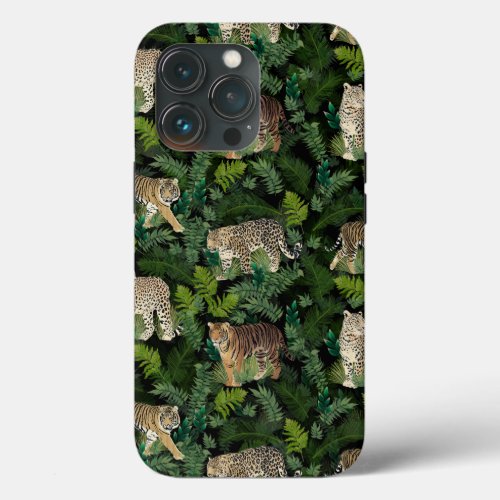 Modern Leopards Tigers Jungle Plants Black Design iPhone 13 Pro Case