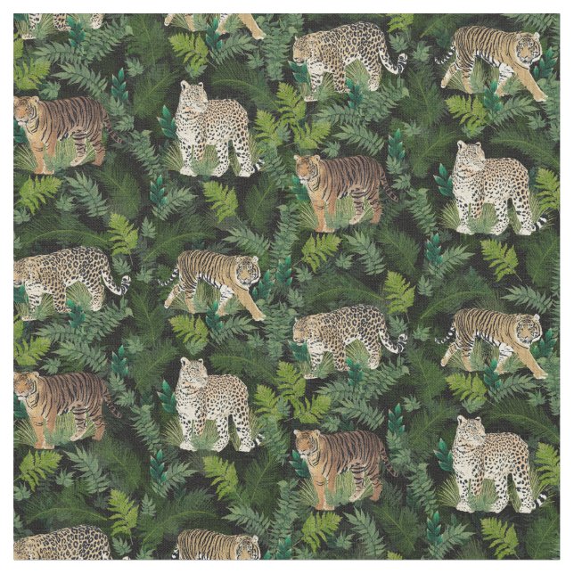 Modern Leopards Tigers Jungle Plants Black Design Fabric (Close Up)