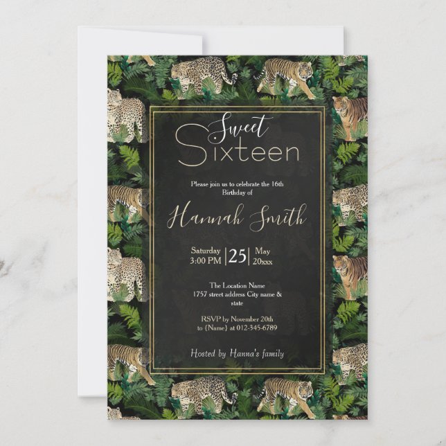 Modern Leopards Tigers Jungle Plants Black Design Invitation (Front)