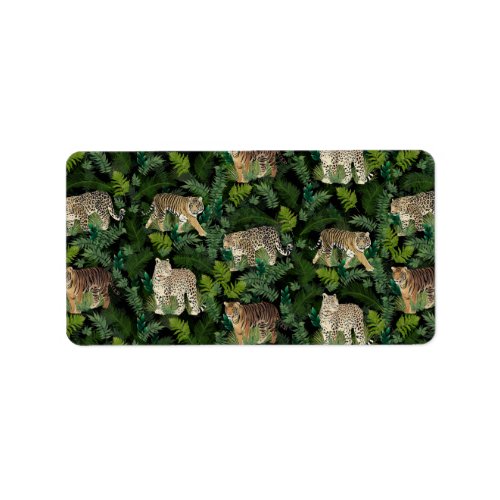 Modern Leopards Tigers Jungle Plants Black Design Label