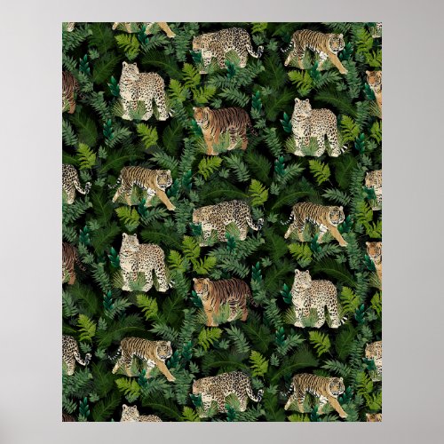 Modern Leopards Tigers Jungle Plants Black Design Poster