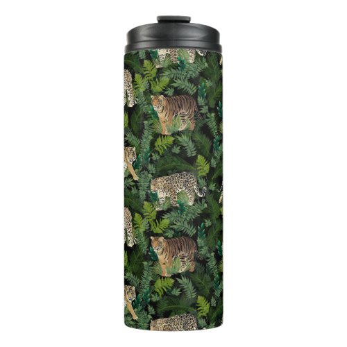 Modern Leopards Tigers Jungle Plants Black Design Thermal Tumbler