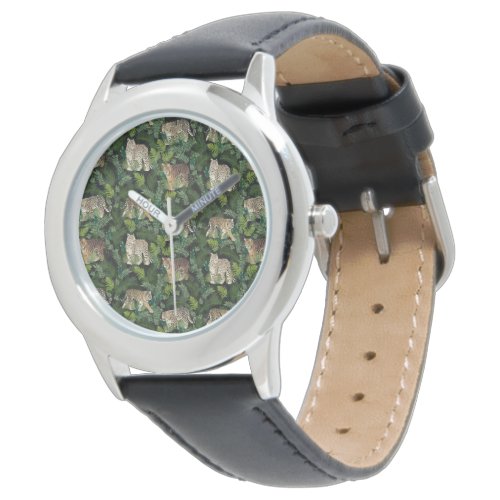 Modern Leopards Tigers Jungle Plants Black Design Watch