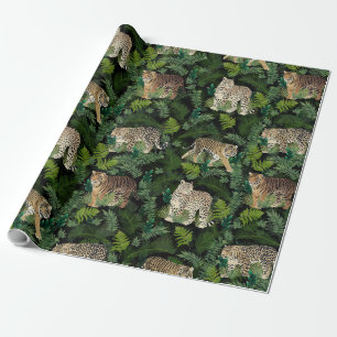 Modern Leopards Tigers Jungle Plants Black Design Wrapping Paper