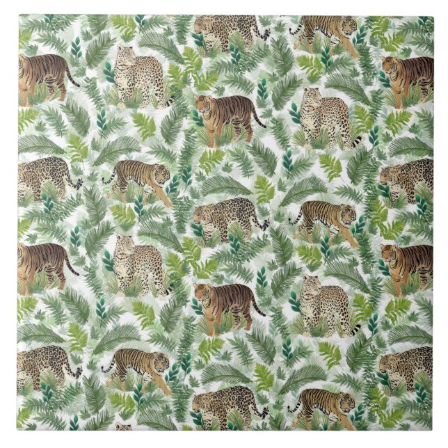 Modern Leopards Tigers Jungle Plants Ceramic Tile (Front)