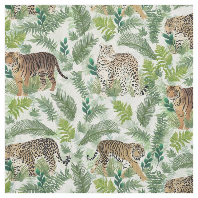 Modern Leopards Tigers Jungle Plants Fabric (Swatch)