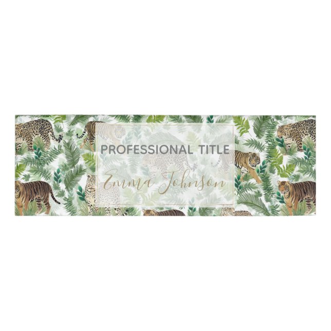 Modern Leopards Tigers Jungle Plants Name Tag (Front)