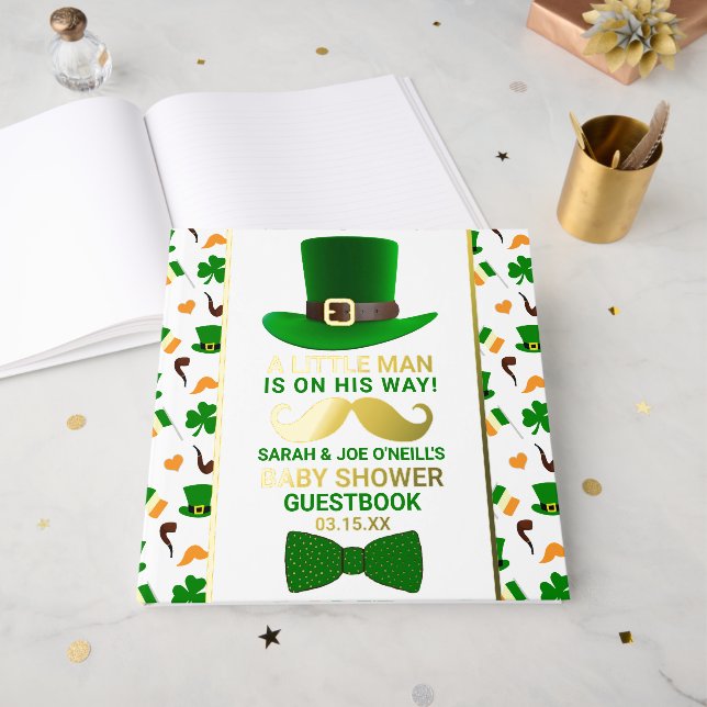 Modern Leprechaun St. Patrick's Day Baby Shower Foil Guest Book (Front Open)