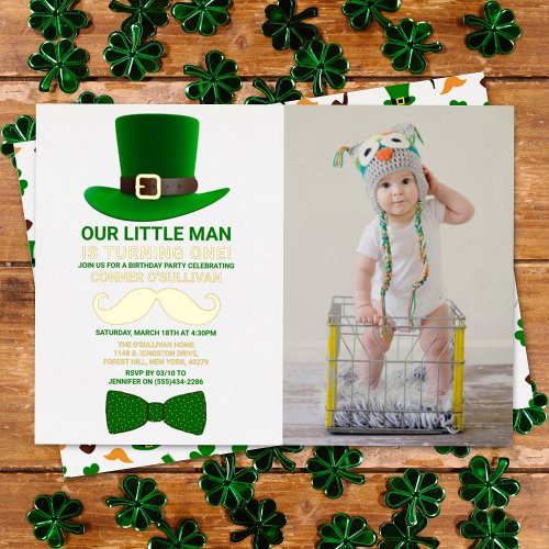 Modern Leprechaun St Patricks Day Birthday Photo Foil Invitation