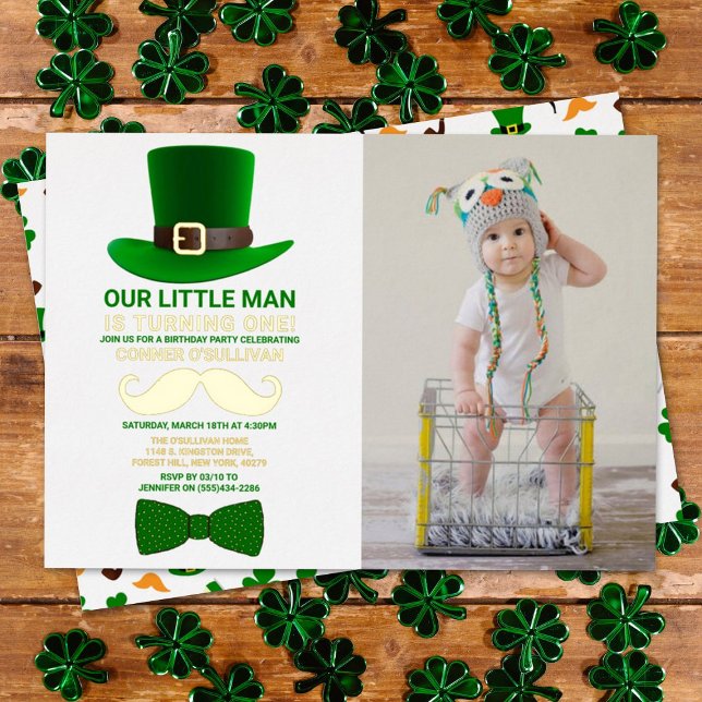 Modern Leprechaun St. Patrick's Day Birthday Photo Foil Invitation (Creator Uploaded)