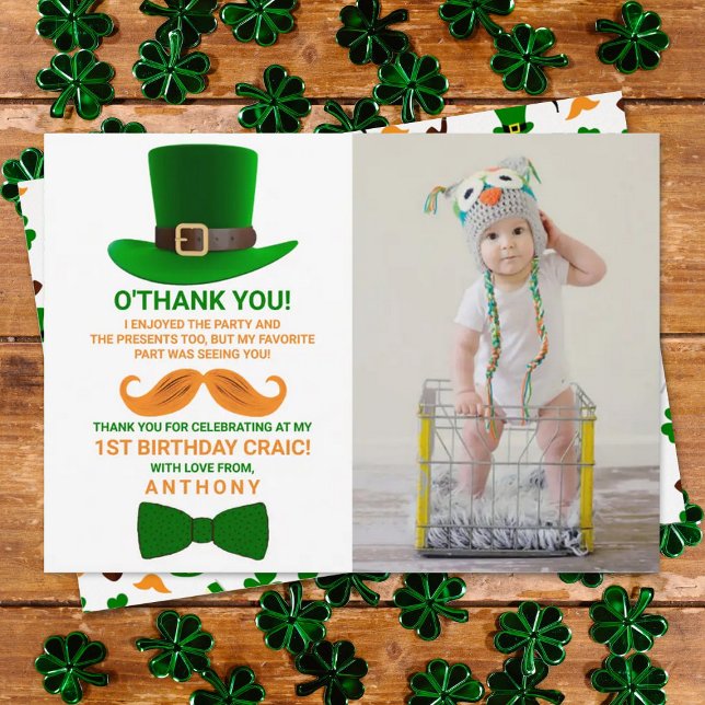 Modern Leprechaun St. Patrick's Day Birthday Photo Thank You Card (Creator Uploaded)