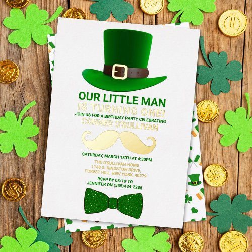 Modern Leprechaun St Patricks Day Birthday Real Foil Invitation