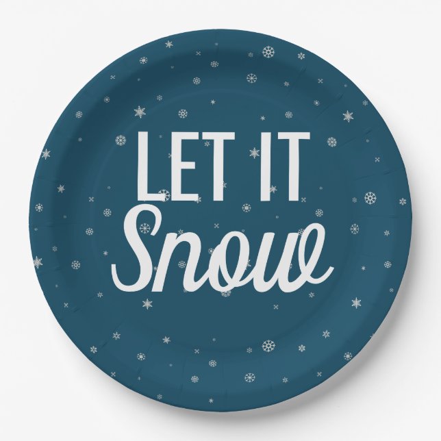 Modern let it snow blue with snowflakes paper plates (Front)