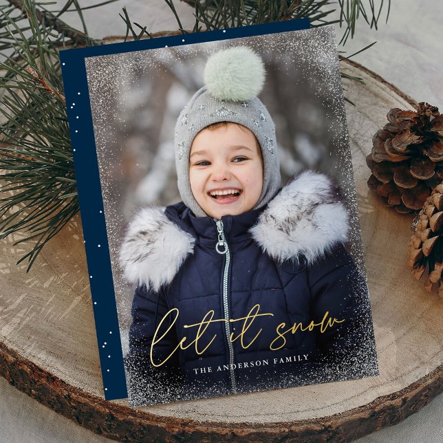 Modern Let it Snow Script Photo Foil Holiday Card (Creator Uploaded)