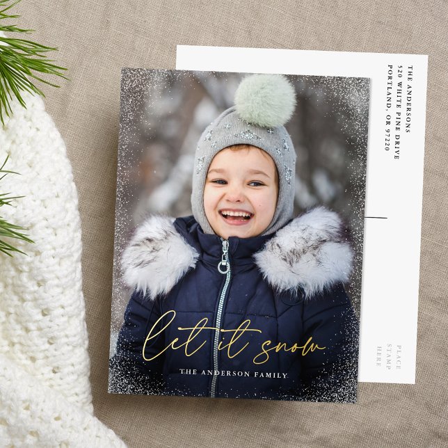 Modern Let it Snow Script Photo Foil Holiday Postcard (Creator Uploaded)