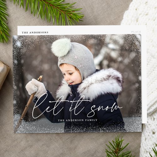 Modern Let It Snow Script Photo Holiday Postcard