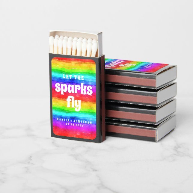 Modern Let Sparks Fly Rainbow Pride Wedding Matchboxes (Stacked)