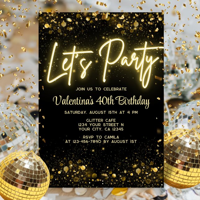 Modern Let's Party Black and Gold Neon Glow Light Invitation (Creator Uploaded)