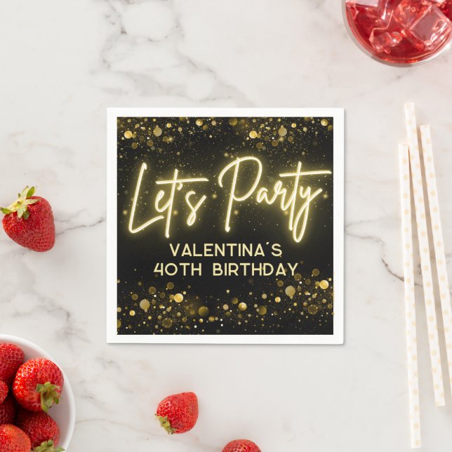 Modern Let's Party Black and Gold Neon Glow Light Napkins (Insitu)
