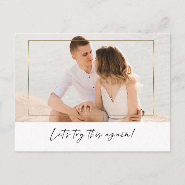 Modern Let's Try This Again Calligraphy Photo Save Announcement Postcard (Front)