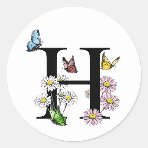  Modern Letter H Garden Butterfly Monogram  Classic Round Sticker