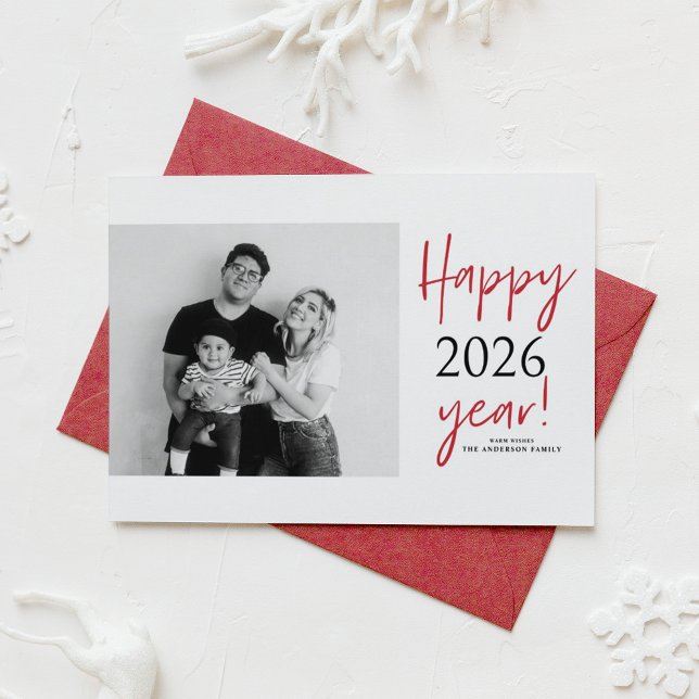 Modern Lettering 2026 Happy New Year Photo Holiday Card (Send new year cheer with this customizable modern New Year Photo Card featuring mix typography.)