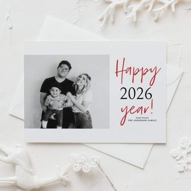 Modern Lettering 2026 Happy New Year Photo Holiday Postcard (Send new year cheer with this customizable modern New Year Photo Postcard featuring mix typography.)