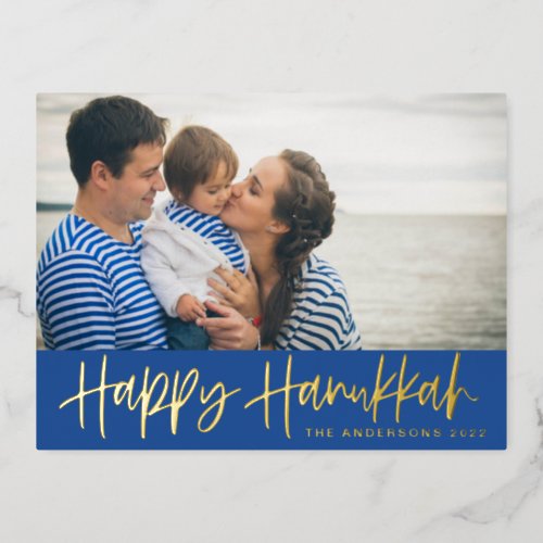 Modern Lettering Blue Happy Hanukkah Photo Foil Holiday Postcard