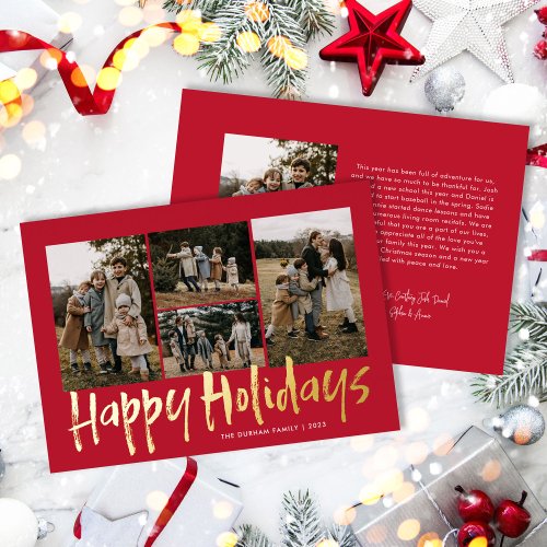 Modern Lettering Five Photo Happy Holidays Foil Holiday Card
