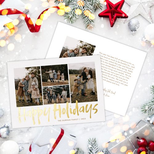 Modern Lettering Five Photo Happy Holidays Foil Holiday Card