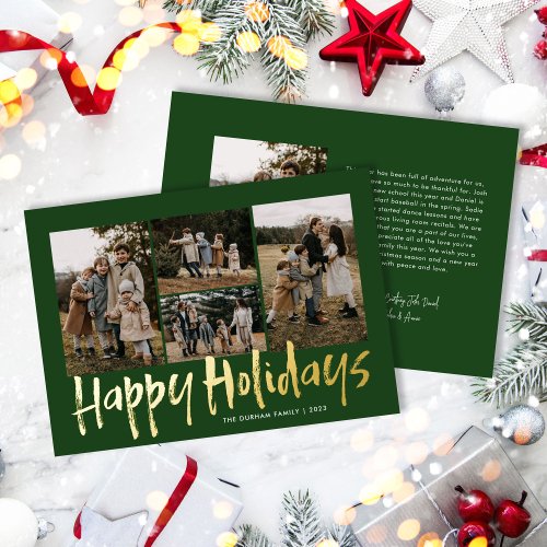 Modern Lettering Five Photo Happy Holidays Foil Holiday Card