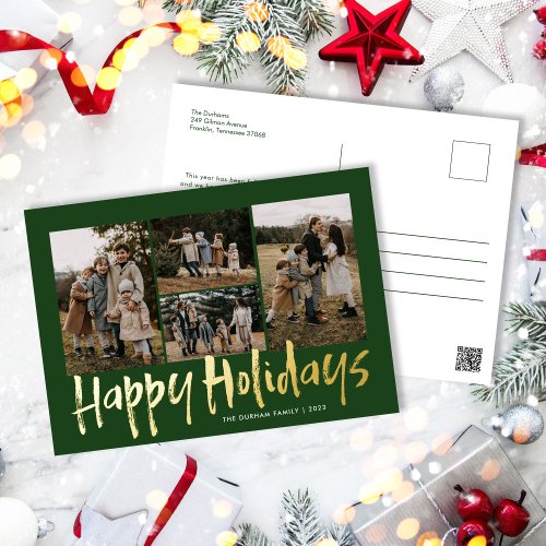 Modern Lettering Five Photo Happy Holidays Foil Holiday Postcard