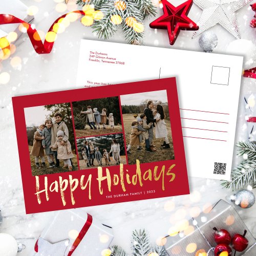 Modern Lettering Five Photo Happy Holidays Foil Holiday Postcard