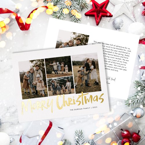 Modern Lettering Five Photo Merry Christmas  Foil Holiday Card