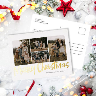 Modern Lettering Five Photo Merry Christmas Foil Holiday Postcard