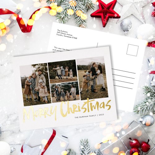 Modern Lettering Five Photo Merry Christmas  Foil Holiday Postcard