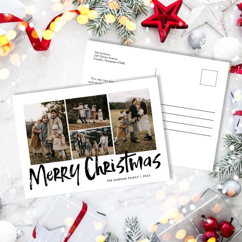 Modern Lettering Five Photo Merry Christmas  Holiday Postcard