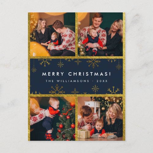 Modern Lettering  Gold Snowflakes Merry Christmas Holiday Postcard