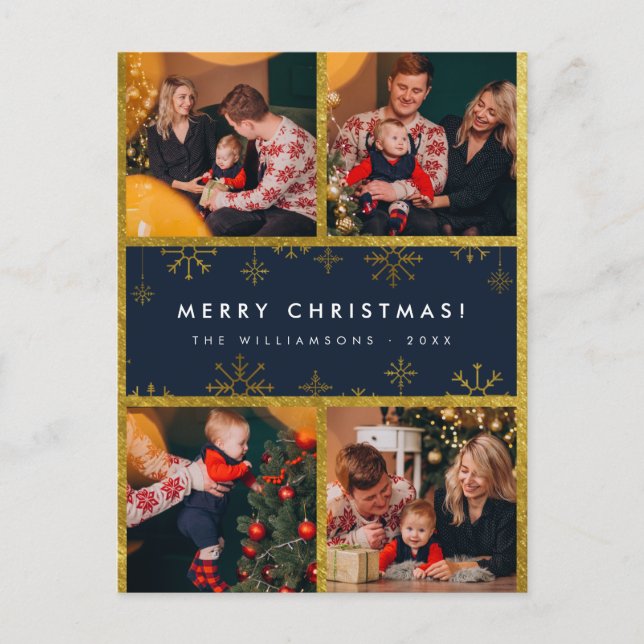 Modern Lettering & Gold Snowflakes Merry Christmas Holiday Postcard (Front)