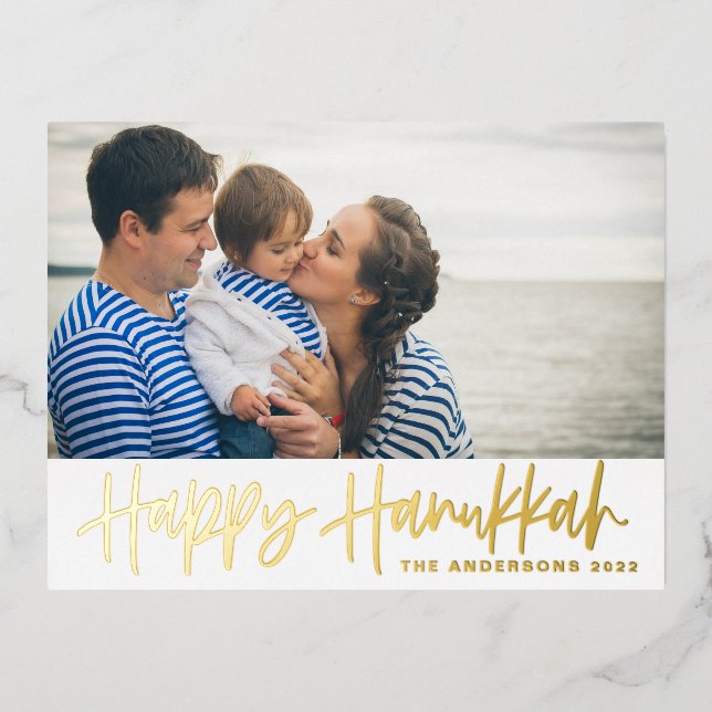 Modern Lettering Happy Hanukkah Photo Foil Holiday Postcard (Front)